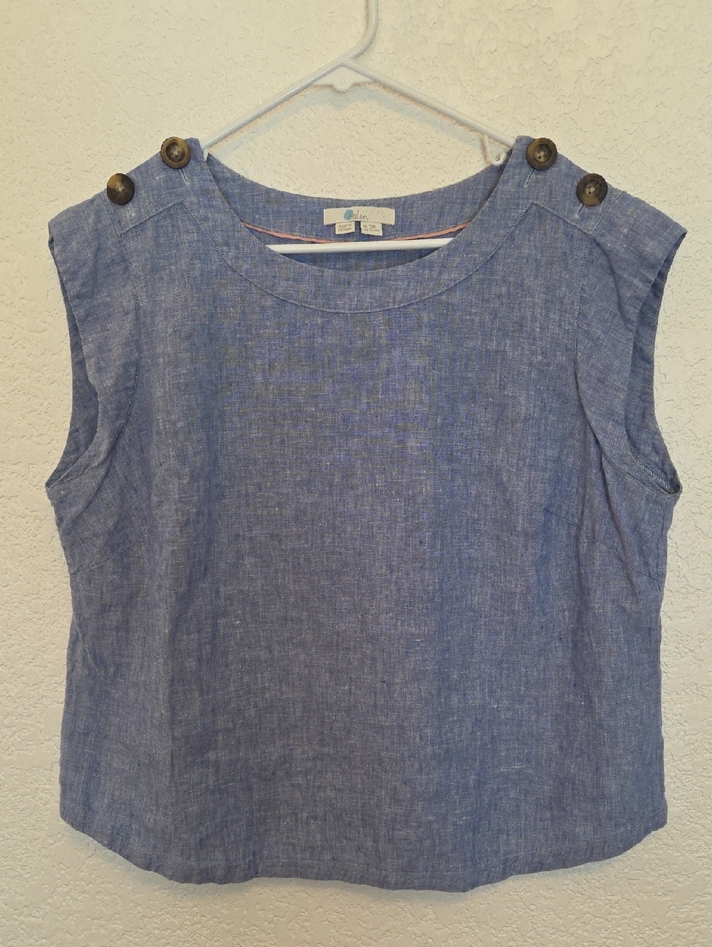 Boden Blue Sleeveless Button-Shoulder Linen Top